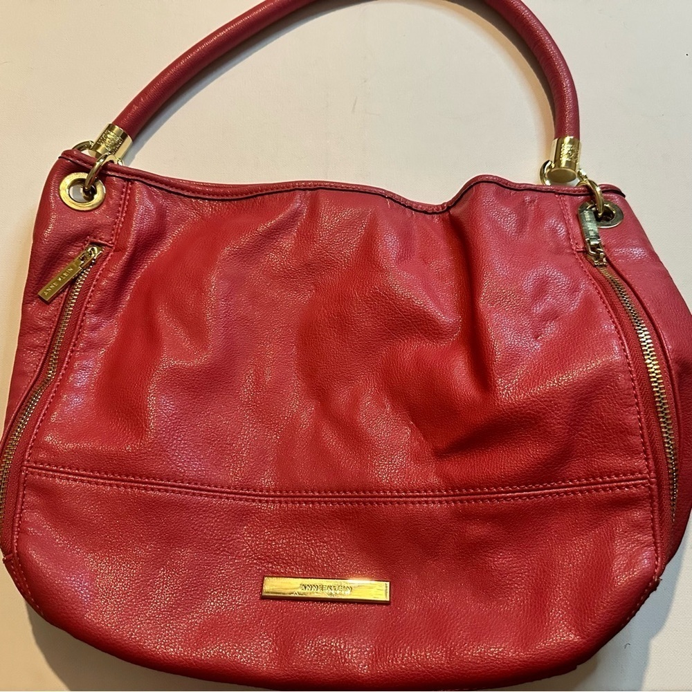 Anne Klein Pink Faux Leather Gold Hardware Zip Pockets Top Clasp Shoulder Bag